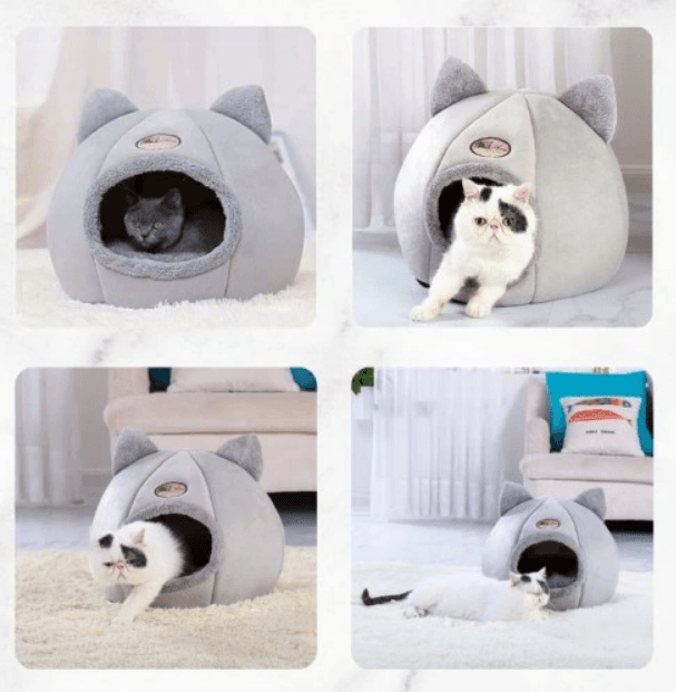 Pluszowa budka dla kota na zimę